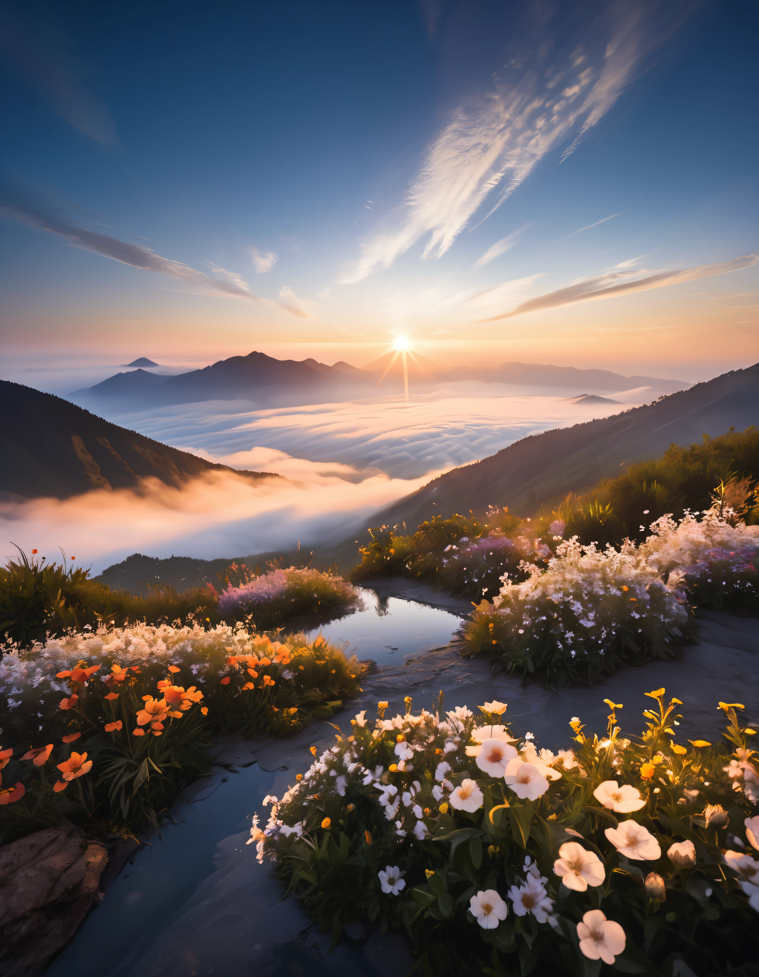 Landscape Photography,
Sunrise Morning,
Rugged mountain peak,
Deep fog like a sea of clouds,
Flowers wet with night dew,
Sunrise, Limited Mirage, Aesthetic water reflections,
BREAK Highest Quality, Highest quality, Highest Resolution, Super Retina,