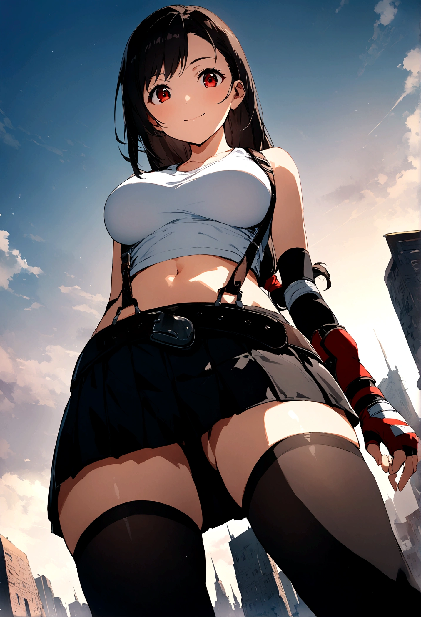 score_9, score_8_up, score_7_up,score_6, score_5,4k, ,BREAK , (from front,from below),,girl standing on,arms in sides,,straight-on,,,mediumshot,looking_at_viewer ,1girl, tifa lockhart, final fantasy, tareme,black hair, low-tied long hair, red eyes, bangs, white tank top, belt, pleated skirt, thighhighs, elbow fingerless gloves, elbow pads,midriff,navel,suspender skirt ,large_breasts,(light smile),,,Solo,,(daytime and city),,,(best quality),aesthetic,very aesthetic,UHD,HDR,intricate detailed,Soft-shaded anime style daytime scene,Gradients and Highlights,highly detailed,sharp focus,depth of field,,professional lighting,cinematic lighting,