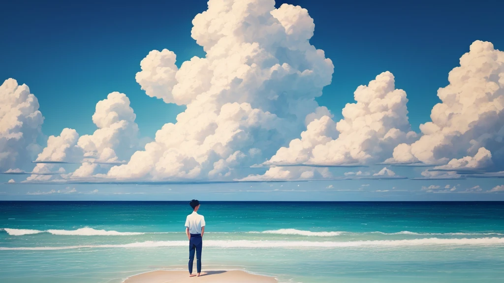 ### Prompt for Generating Flawless Illustration:
"Generate an illustration of a man standing along a serene coastline under the sunlight. Behind him, cumulus clouds fill the summer sky, which stretches high and blue. His expression reflects tranquility and a profound connection with nature, creating a harmonious scene."

### Anime-style Thumbnail for YouTube:
"Create an anime-style illustration for a YouTube thumbnail depicting a man gazing at a summer sea. Behind him, cumulus clouds float in a vast, clear sky. He stands with a poignant expression, evoking a sense of melancholy."

### Negative Prompt:
"Generate an illustration where a man is facing away from the viewer, looking out at a tranquil summer sea. The sky above features cumulus clouds against a high, summer-blue backdrop, conveying a deep sense of loneliness and melancholy."