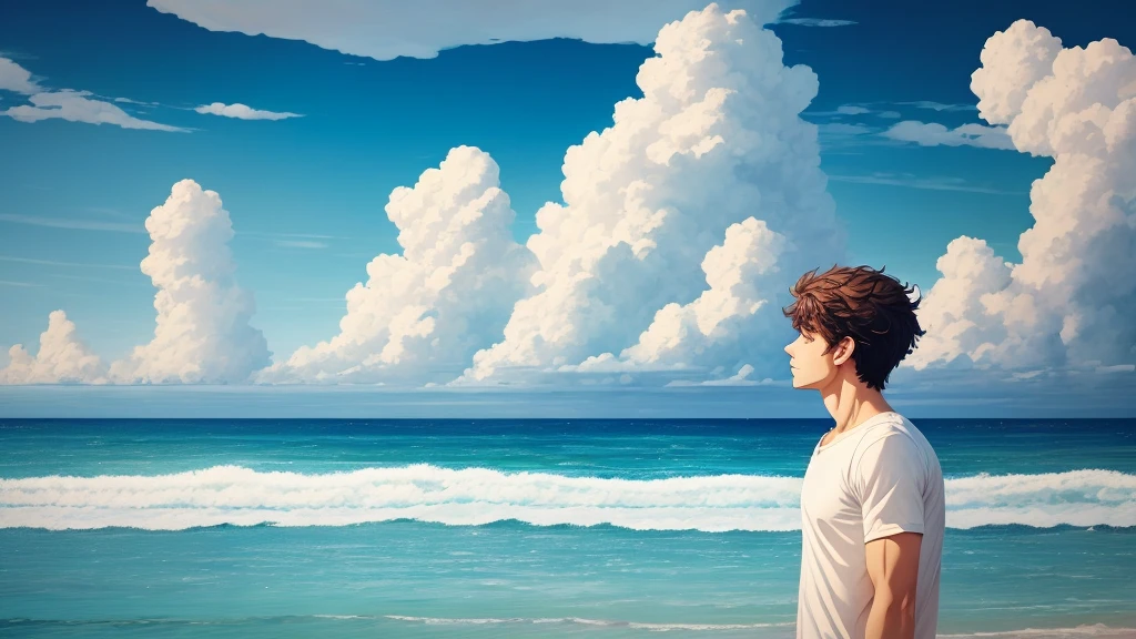 ### Prompt for Generating Flawless Illustration:
"Generate an illustration of a man standing along a serene coastline under the sunlight. Behind him, cumulus clouds fill the summer sky, which stretches high and blue. His expression reflects tranquility and a profound connection with nature, creating a harmonious scene."
### Anime-style Thumbnail for YouTube:
"Create an anime-style illustration for a YouTube thumbnail depicting a man gazing at a summer sea. Behind him, cumulus clouds float in a vast, clear sky. He stands with a poignant expression, evoking a sense of melancholy."
### Negative Prompt:
"Generate an illustration where a man is facing away from the viewer, looking out at a tranquil summer sea. The sky above features cumulus clouds against a high, summer-blue backdrop, conveying a deep sense of loneliness and melancholy."