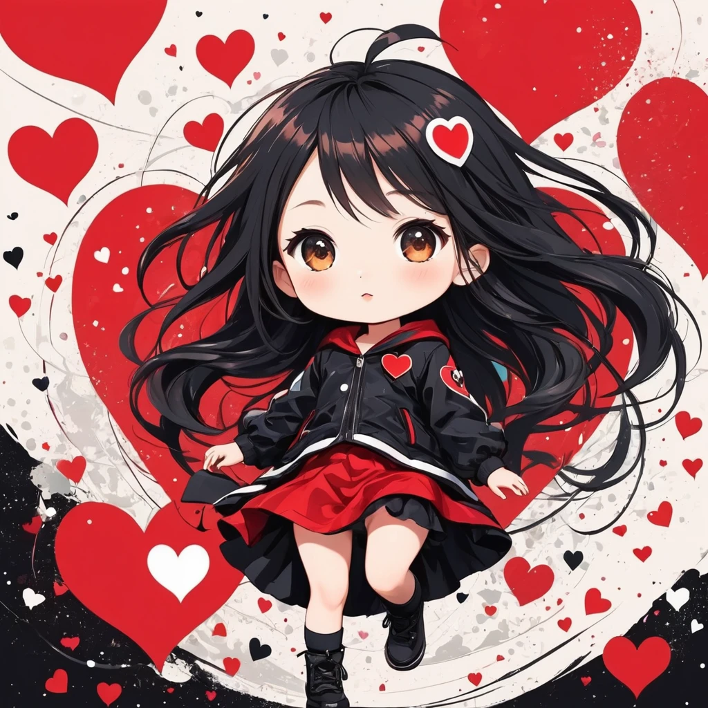 Black Star Red and White style, Simple Line Initialism,Abstract art,Urban Background, colorful hearts ,(((The most beautiful girl of all time))), (((chibi))), playing with Cute amoeba
