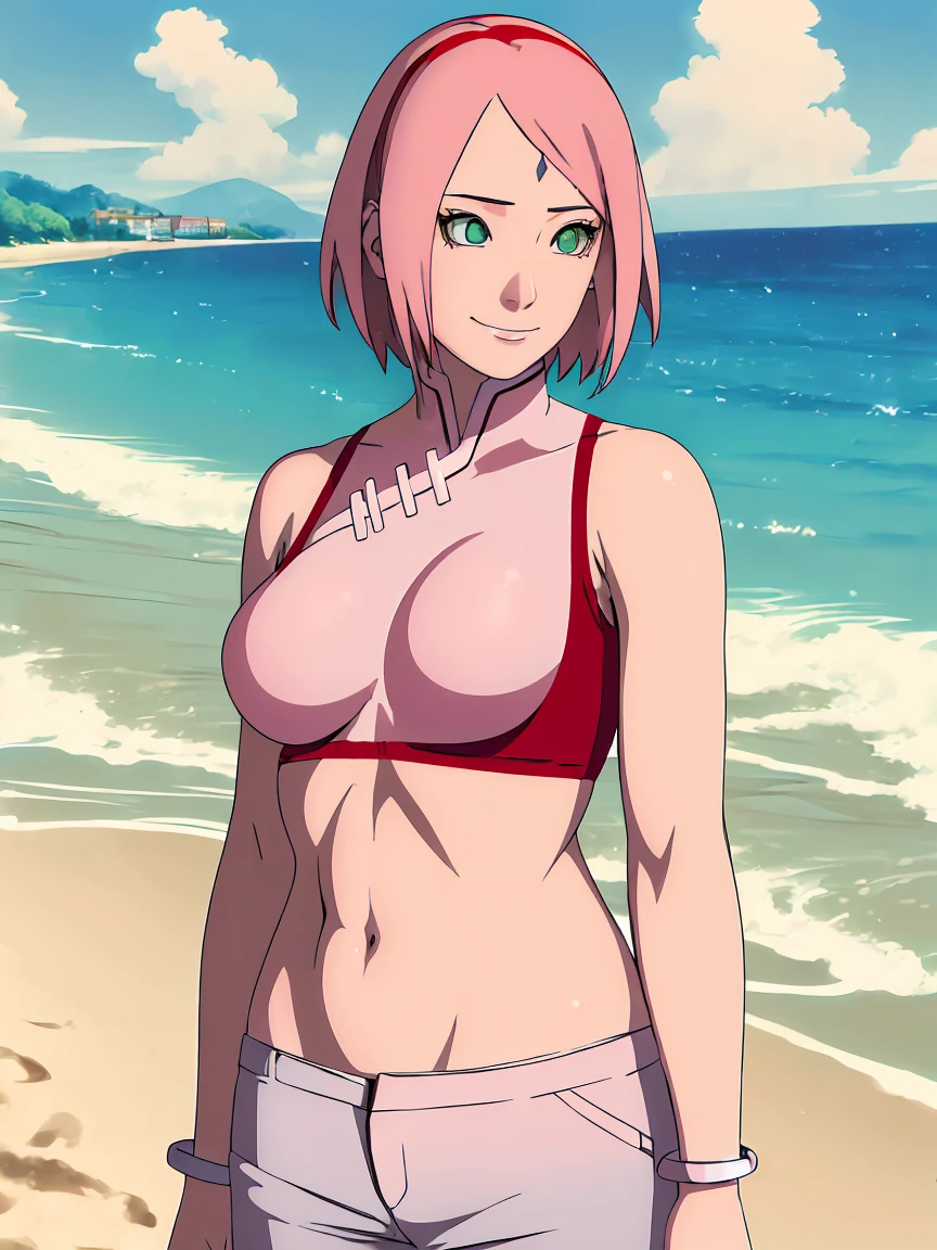 masterpiece, 1k, portrait, face shot, professional artwork, detailed beach background, intricate details, colorful, digital blending, (ultra detailed body, ultra detail hair, ultra detail face), trending on pixiv, kind smile, very hot color, best quality, anime style: 1.9, 1girl, hires, haruno sakura, (forehead mark, milf, red hairband, pale skin, short hair, ((red sleeveless bra), white pants), (navel, belly button, groin, bracelet, pink hair), (ultra detailed green eyes), smile, beach, wind, floating hair, detailed arms, off-shoulders, slightly muscular arms, (dirty armpits), standing)