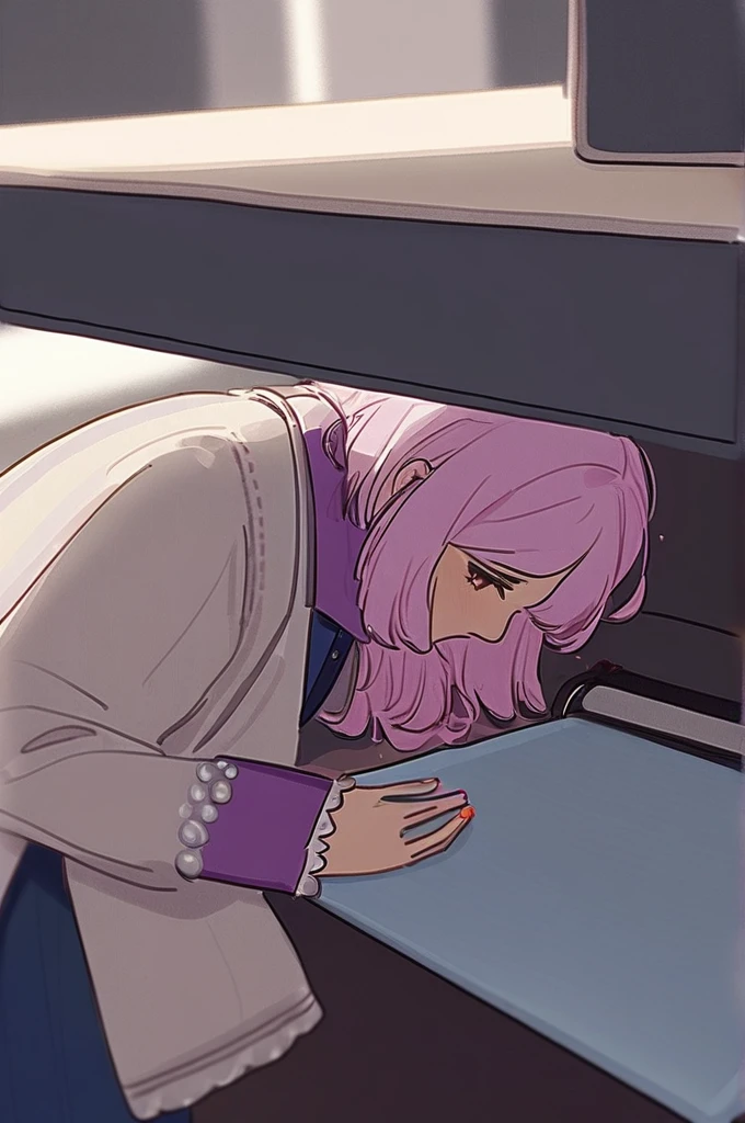 ((Лучшее качество)), ((шедевр)), (подробный), the girl is on her knees with cancer, fixing a computer under the table, the vagina is flowing