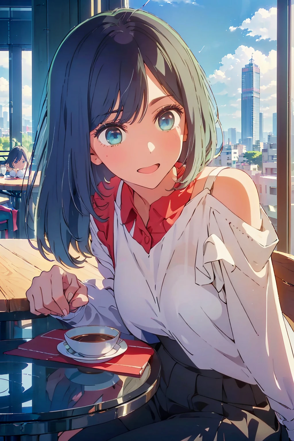 (Highest quality:1.4、8K:1.4、detailed)、F cup bust、Big Breasts、Slim body、Very white beautiful skin、((((1 person、smile、Surprised expression、sit、Chair、In the background are the urban buildings of Tokyo、looking at the camera、Indoor cafe terrace、Navy hair color、Straight Long Hair、juice、table、Shooting up close、Shooting from an angle、Very cute face))))、(Pose with hair tucked behind ear with one hand:1.4)、((Off-the-shoulder blouson))、nude、Areola、Nipples、Very blue sky、A completely cloudless sky