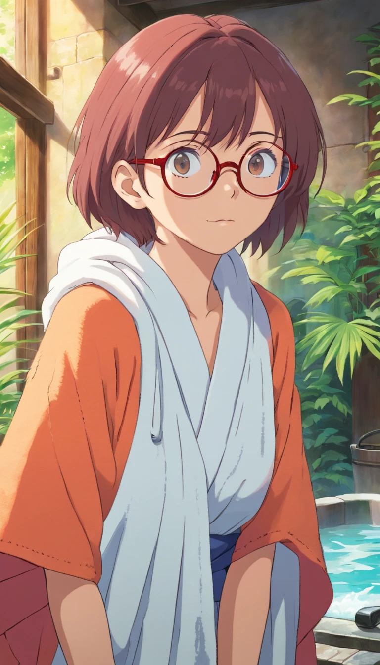 bath towel　woman　Glasses　Unbuttoned