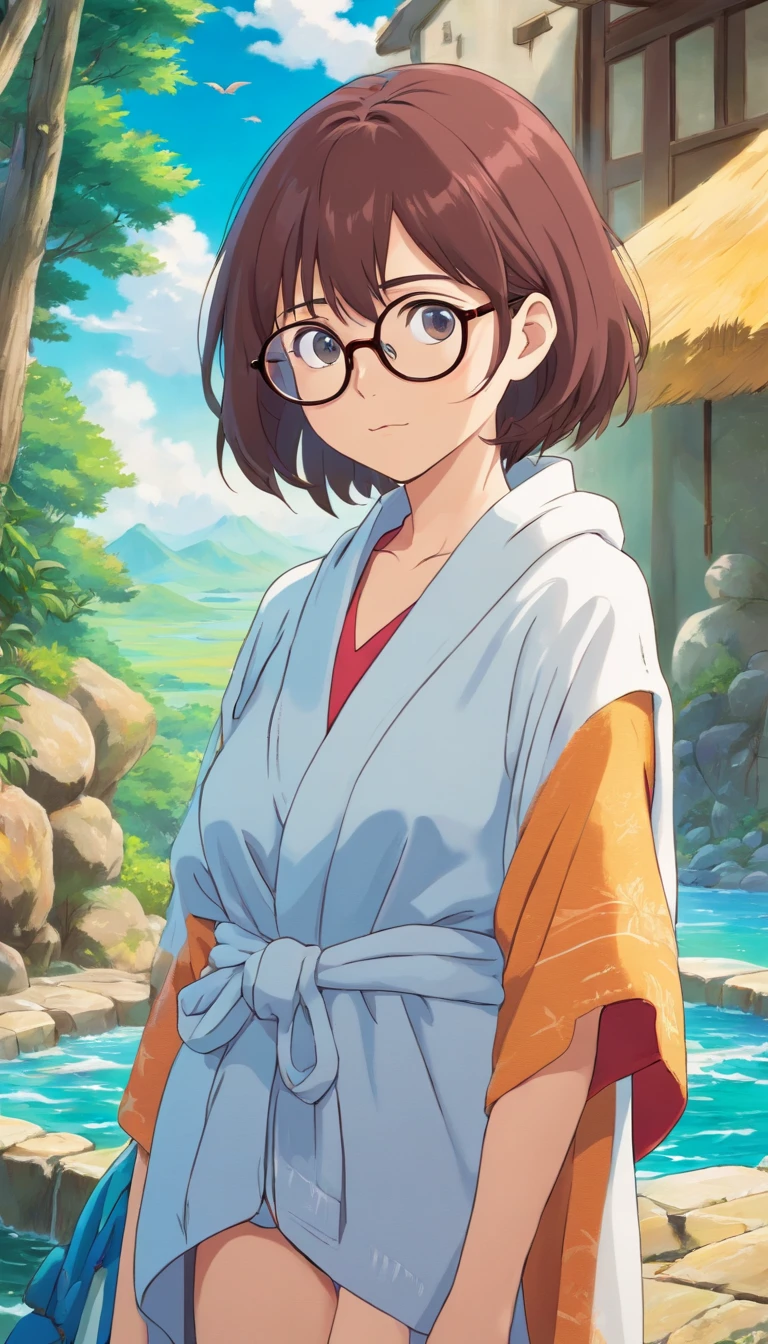 bath towel　woman　Glasses　Unbuttoned