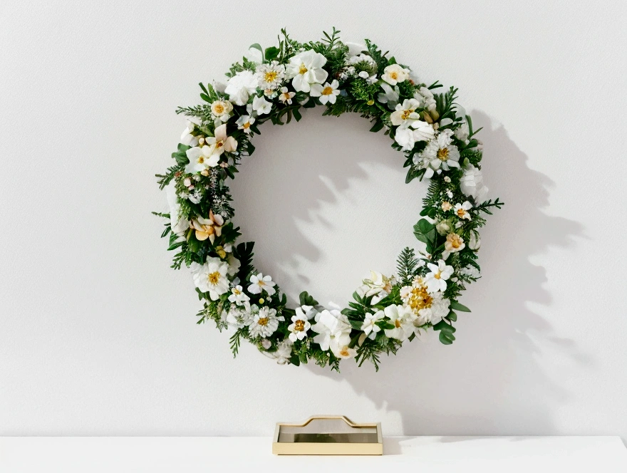 White background,a wreath, Made of flowers, Perfect minimalist composition, , elegant composition, Beautiful composition 3-d 4k, Background still life photo