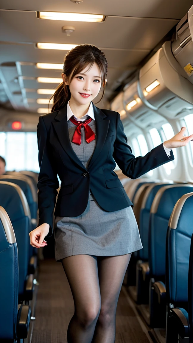 ​highest quality、table top、8k、best image quality、Award-winning work)、one beautiful woman、radiant beautiful skin , masterpiece、top-quality、The ultra -The high-definition、depth of fields、lens flare 1 girl、、brown hair、ponytail, watching at  viewers glares, large breasts , stewardess uniform, ( stewardess blazer:1.2),   short skirt, (black ysl high heels), perfect legs, model pose,  view from below, smiling , flight cabin, pantyhose 