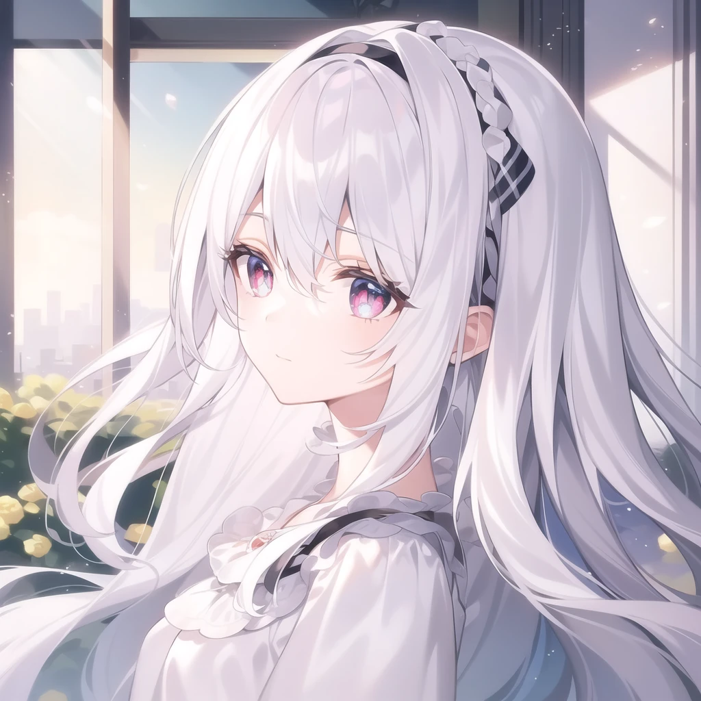 ((masterpiece, best quality))++, Detailed lighting+, Detailed hair+, Detail hand+ ,1 girl, Miss, Long hair, Crimson eyes, beautiful eyes, young white hair,,(Beautiful white hair:1.5),(Beautiful and delicate eyes), high resolution+,glass tint, Reflective eyes, {{angle}} , Very detailed wallpaper, The original, ,Sea of Flowers,Air bangs,city road,Double ponytails,Extremely beautiful CG,Girls shopping,Headband,Gray eyelashes