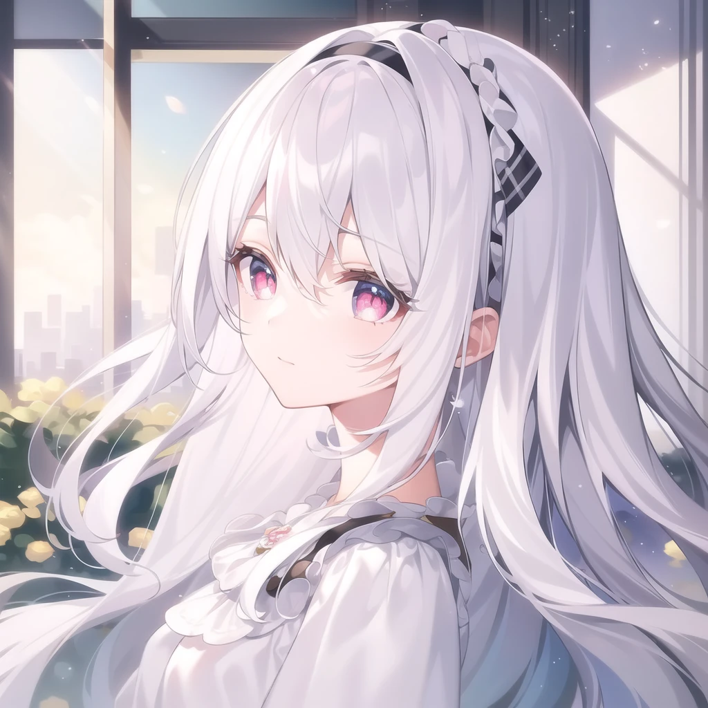 ((masterpiece, best quality))++, Detailed lighting+, Detailed hair+, Detail hand+ ,1 girl, Miss, Long hair, Crimson eyes, beautiful eyes, young white hair,,(Beautiful white hair:1.5),(Beautiful and delicate eyes), high resolution+,glass tint, Reflective eyes, {{angle}} , Very detailed wallpaper, The original, ,Sea of Flowers,Air bangs,city road,Double ponytails,Extremely beautiful CG,Girls shopping,Headband,Gray eyelashes