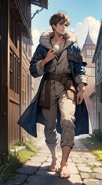 a highly detailed portrait of a 31-year-old boy, a werewolf-like fantasy creature with short gray fur, adorable facial features, big blue eyes, fluffy hair around the neck, wearing brown adventure clothing, barefoot, standing in a detailed outdoor village scene, best quality, 8k, hyper realistic, masterpiece, cinematic lighting, intricate details