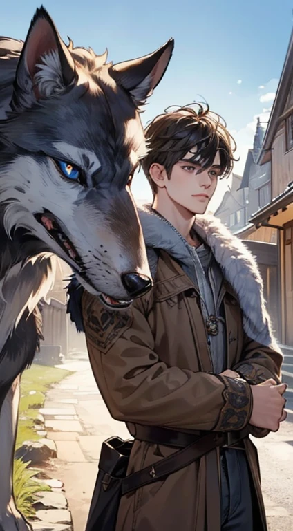 a highly detailed portrait of a 31-year-old boy, a werewolf-like fantasy creature with short gray fur, adorable facial features, big blue eyes, fluffy hair around the neck, wearing brown adventure clothing, barefoot, standing in a detailed outdoor village scene, best quality, 8k, hyper realistic, masterpiece, cinematic lighting, intricate details