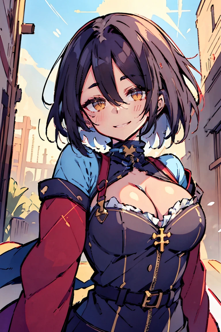 (masterpiece:1.2), (high quality:1.2), (hui xiyi:0.65), rekkyo sensen, rekkyou sensen, girls with((black hair, (tits cleavage:1.15), (breasts close up:1.15), (suspenders:1.2), (dress:0.65), (blue clothes:1.05), (belts:0.7), (frills shirt:1.2), (white knit sweater:1.2), (blue frills camisole:1.2), exposed breasts, straps, (cross clothes:1.15), (cross:1.05), upper body, (long wavy hair:1.2), (one side up:1.2), nun, long sleeves, (perfect hands:1.05), (five fingers:1.05))), background with((fantasy world, ruin, castle, beautiful sky, shining sky, sunshine))