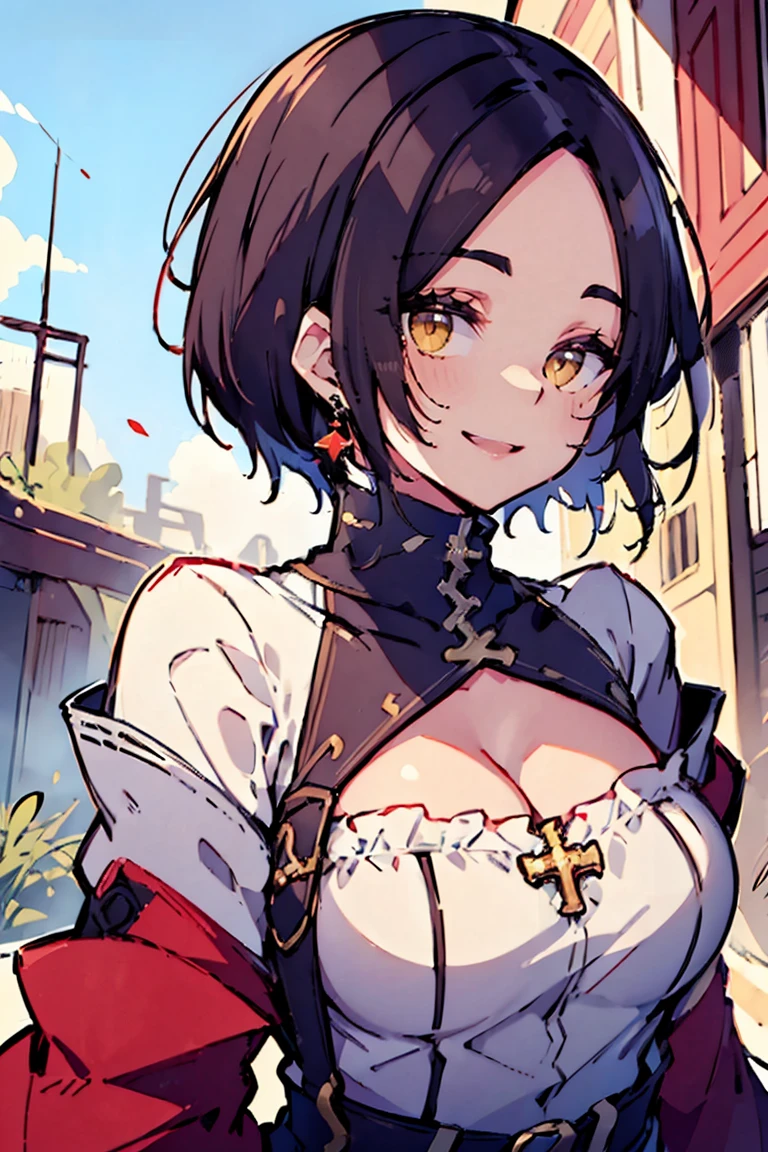 (masterpiece:1.2), (high quality:1.2), (hui xiyi:0.65), rekkyo sensen, rekkyou sensen, girls with((black hair, (tits cleavage:1.15), (breasts close up:1.15), (suspenders:1.2), (dress:0.65), (blue clothes:1.05), (belts:0.7), (frills shirt:1.2), (white knit sweater:1.2), (blue frills camisole:1.2), exposed breasts, straps, (cross clothes:1.15), (cross:1.05), upper body, (long wavy hair:1.2), (one side up:1.2), nun, long sleeves, (perfect hands:1.05), (five fingers:1.05))), background with((fantasy world, ruin, castle, beautiful sky, shining sky, sunshine))