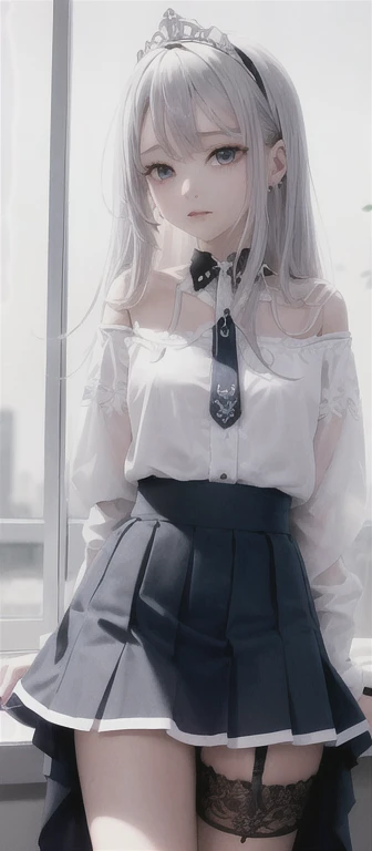 1girl,no underwear， (masterpiece:1.1), (best quality:1.1), (white blouse:1.1), (checkered skirt:1.1), , high-waist skirt, BREAK [blue:pink:0.5] theme, (gradient background:1.1), cowboy shot, BREAK silver hair, long hair, , green eyes, intricate detailed tiara, looking to the side,naked，show pussy，skirt，sexy blackstocking，red high heels，no underwear，panty，panty，show beast and pussy，beast，beast pussy，pussy，no underwear，pussy，pussy，pussy
