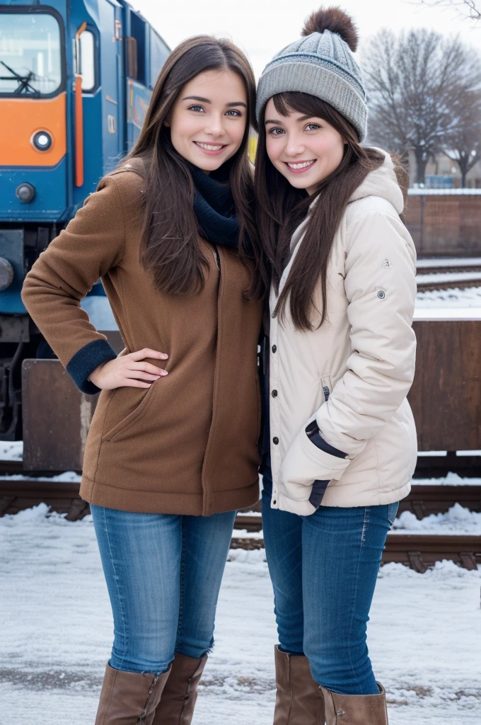 Professional photograph, best quality, 8K, hyper detailed, half body, A close up portrait of two friends posing for the camera, an argentinian guy who has dark brown hair and a russian girl who has light brown hair, the both of them are wearing winter outfits, Both are nice people from Argentina and Russia, who share a true and beautiful friendship and who are united. They're glad, smiling and enjoying a day at park in winter. They pose gladly for the camera. Railway station at background.