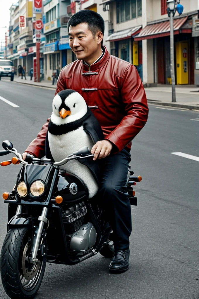 chinese man riding a motorcycle while holding a penguin toy