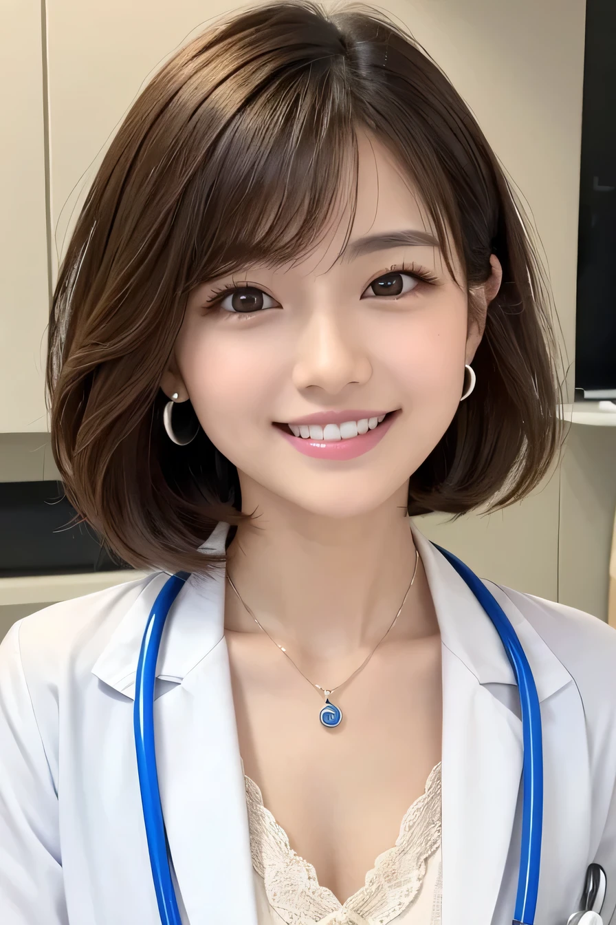 young woman、 Japanese women、Light brown hair、Necklace around the neck、white、Doctor's attire、Stethoscope、、smile、Emphasis on teeth、short hair、Wavy Hair、Intricate details, Very detailed:1.2), 、 Looking into the camera,The background is the operating room...、ear piercing