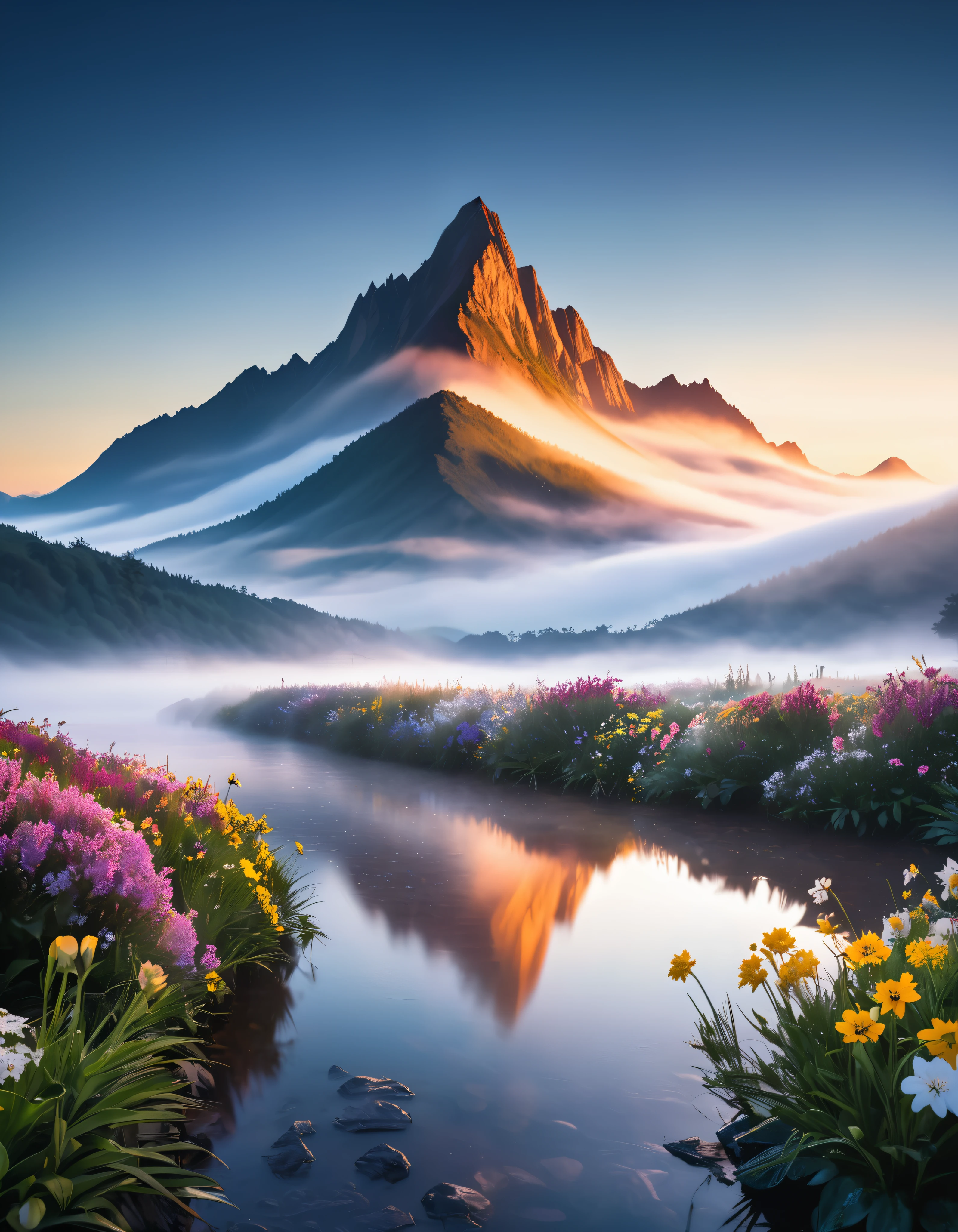 Landscape Photography, 
Sunrise Morning, 
Rugged mountain peak, 
Deep fog like a sea of clouds, 
Flowers wet with night dew, 
Sunrise, Aesthetic water reflections, 
BREAK Highest Quality, Highest quality, Highest Resolution, Super Retina, 