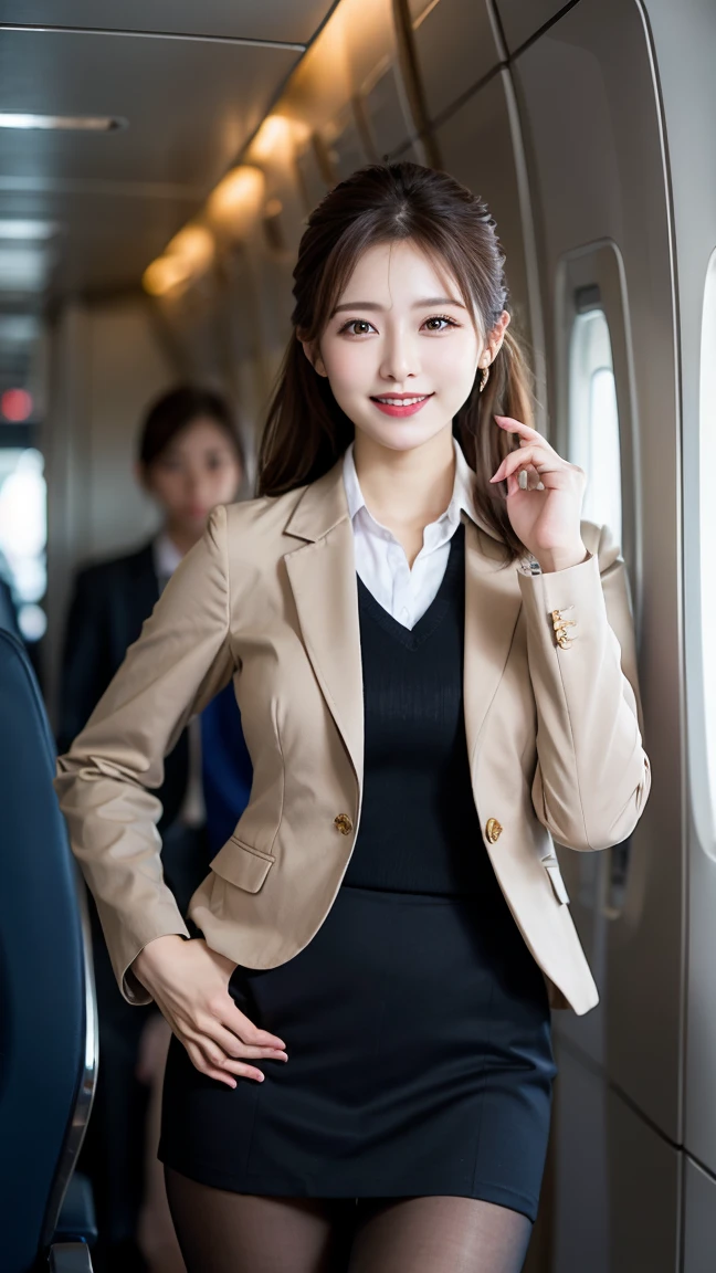 ​highest quality、table top、8k、best image quality、Award-winning work)、one beautiful woman、radiant beautiful skin , masterpiece、top-quality、The ultra -The high-definition、depth of fields、lens flare 1 girl、、brown hair、ponytail, watching at  viewers glares, large breasts , stewardess uniform, ( stewardess blazer:1.2),   short skirt, (black ysl high heels), perfect legs, model pose,  view from below, smiling , flight cabin, pantyhose 