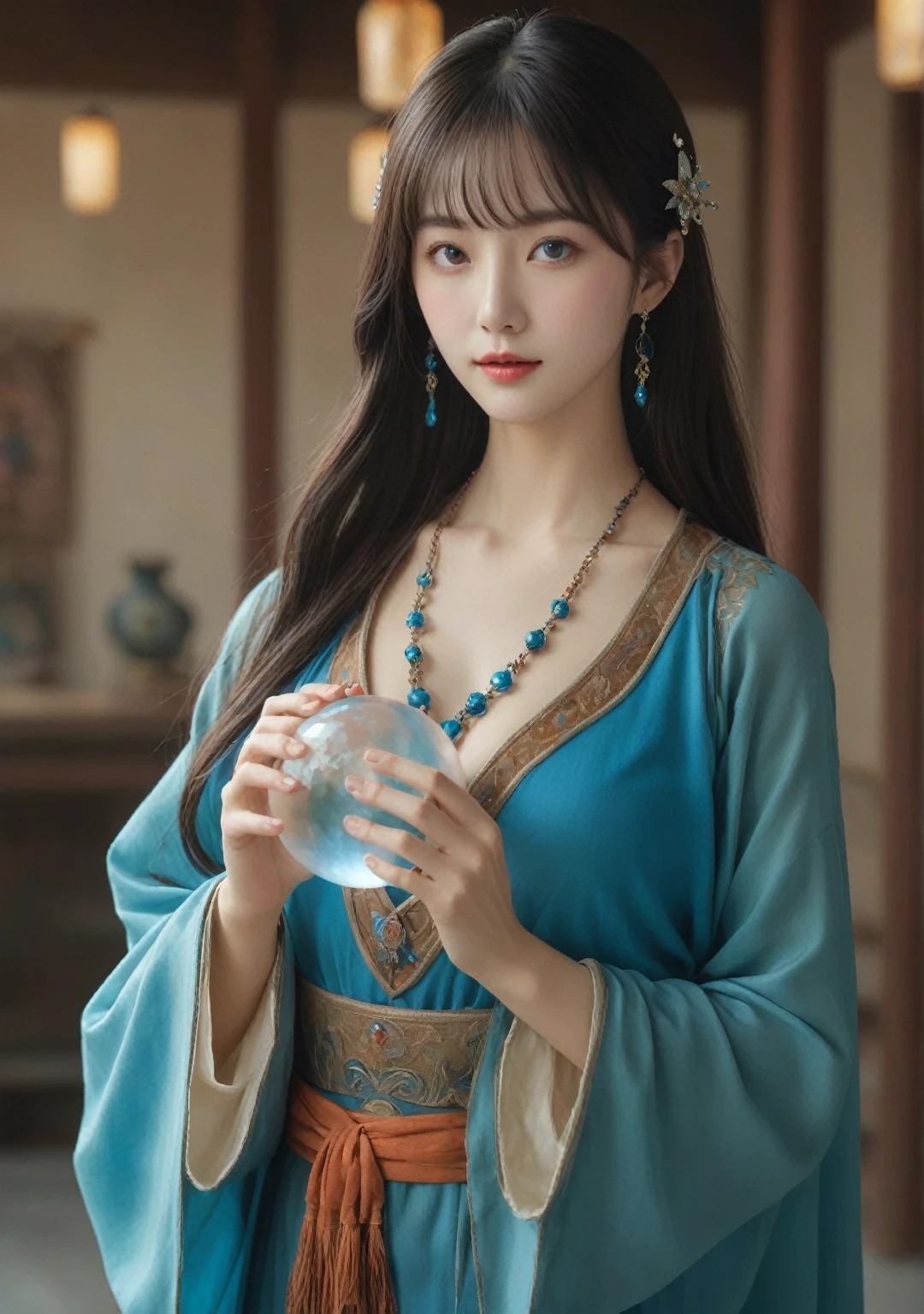 Female fortune teller. Charming, beautiful, and mysterious. She wears a blue cloak and has distinct features. front. The atmosphere is bright and sparkling, full of anxiety and anticipation. A fortune teller is standing there. The body is facing forward. he is looking at you He has a crystal ball in his hand. Five fingers each. The interior of the store is brightly lit and creates a magical atmosphere. Best picture quality, 4k or 8k resolution. The level of detail is very detailed and realistic, close to photorealism. Artistic style should reflect an official aesthetic with bright colors and strong contrasts. The color palette should emphasize the mystical and mystical theme of the work. The fortune teller's cloak has a metal edging with a thickness ratio of 1.5 and a detailed design. The overall atmosphere is dreamlike, like a starry sky. The fortune teller's expression arouses mystical interest. Please take a photo from the front.