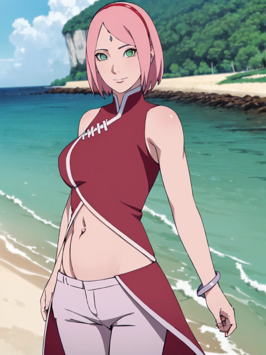 masterpiece, 1k, portrait, face shot, professional artwork, detailed beach background, intricate details, colorful, digital blending, (ultra detailed body, ultra detail hair, ultra detail face), trending on pixiv, kind smile, very hot color, best quality, anime style: 1.9, 1girl, hires, haruno sakura, (forehead mark, milf, red hairband, pale skin, short hair, ((red sleeveless dress), white pants), ((((navel, belly show)))), groin, bracelet, pink hair), (ultra detailed green eyes), smile, beach, wind, floating hair, detailed arms, off-shoulders, slightly muscular arms, (dirty armpits), standing)