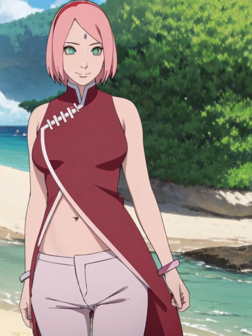 masterpiece, 1k, portrait, face shot, professional artwork, detailed beach background, intricate details, colorful, digital blending, (ultra detailed body, ultra detail hair, ultra detail face), trending on pixiv, kind smile, very hot color, best quality, anime style: 1.9, 1girl, hires, haruno sakura, (forehead mark, milf, red hairband, pale skin, short hair, ((red sleeveless dress), white pants), ((((navel, belly show)))), groin, bracelet, pink hair), (ultra detailed green eyes), smile, beach, wind, floating hair, detailed arms, off-shoulders, slightly muscular arms, (dirty armpits), standing)