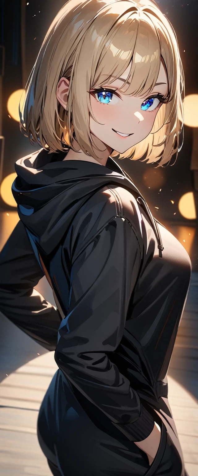 (((One girl))), blond hair, bob cut, (upper body), (looking at viewer), from above, breasts, head tilt, (((blue eye))), (from side), hand in pocket, ((naughty smile)), black hoodie, black shorts, anime style, (best quality, 4k, 8k, highres, masterpiece:1.2, ultra-detailed, ultra-detailed eyes, HDR, UHD, studio lighting, ultra-fine painting, sharp focus, physically-based rendering, extreme detail description, professional, vivid colors, bokeh)