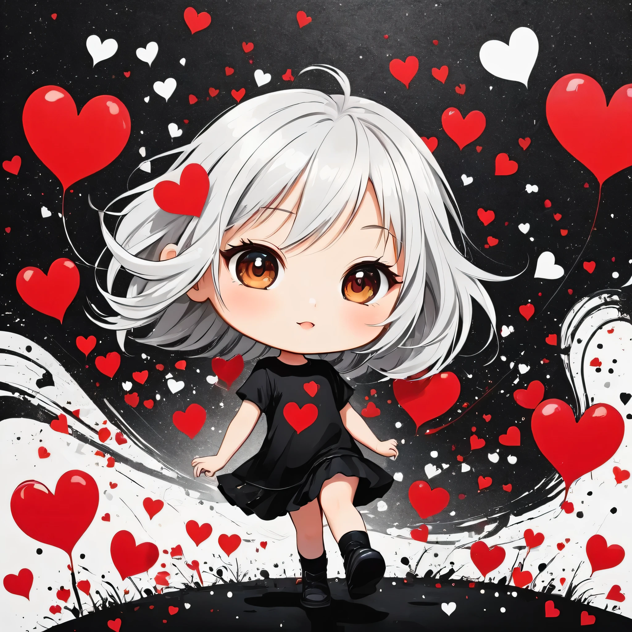 Black Star Red and White style, Simple Line Initialism,Abstract art,Urban Background, colorful hearts ,(((The most beautiful girl of all time))), (((chibi))), playing with Cute amoeba
