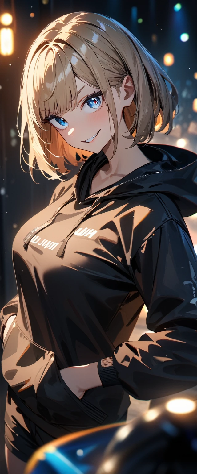 (((One girl))), blond hair, bob cut, (upper body), (looking at viewer), from above, big breasts, head tilt, (((blue eye))), (from side), hand in pocket, ((evil grin)), black hoodie, black shorts, anime style, (best quality, 4k, 8k, highres, masterpiece:1.2, ultra-detailed, ultra-detailed eyes, HDR, UHD, studio lighting, ultra-fine painting, sharp focus, physically-based rendering, extreme detail description, professional, vivid colors, bokeh)