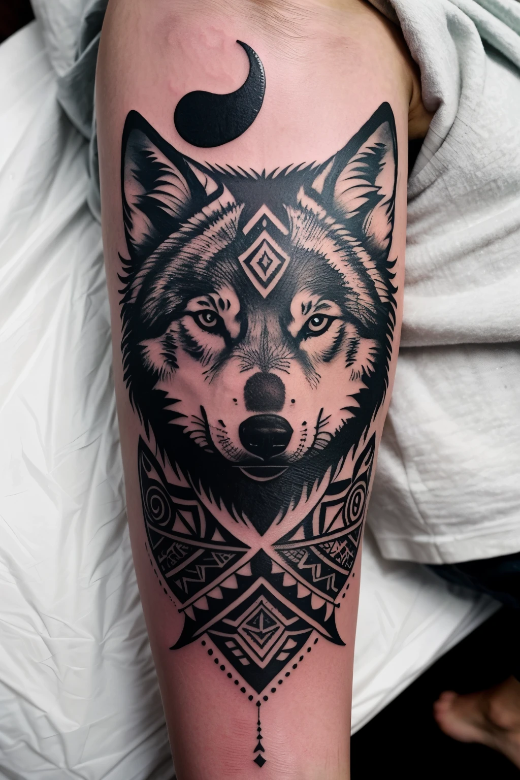 (} a tattoo with a wolf sitting with a soft and friendly look, with a water lily in front of him. The wolf will be slightly looking down, admiring the moon. The water lily will have a delicate and abstract appearance and will be made up of fine lines in shades of pink and light blue. Black tribal details surround the wolf and water lily, creating a combination of illustration and tribal tattoo.