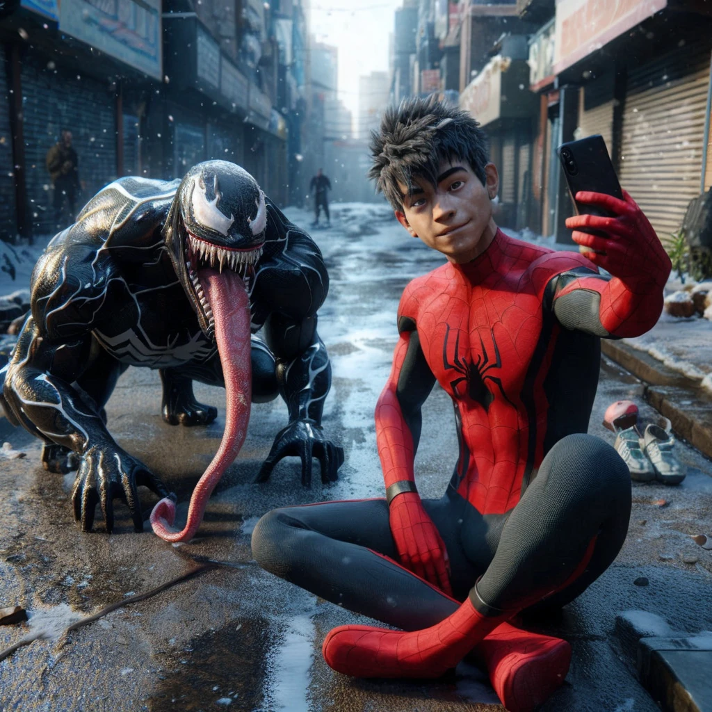 3d hyper realistic an asian man ,25 years old, short and spiky hair wearing a spiderman costume is taking a selfie with a black creature called venom on a dirty sidewalk , with snowfall ,4k,UHD,cinematic,ultra realistic