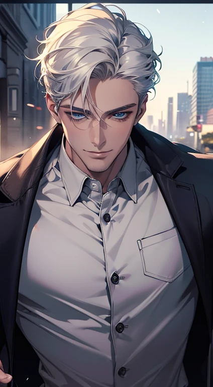 (best quality, masterpiece, 8K, photorealistic, cinematic lighting, hdr image, ultra detailed, beautiful image), a mature man, very handsome, smile, short white hair, blue eyes, perfect face without errors, ((buttoning the jacket, CEO))