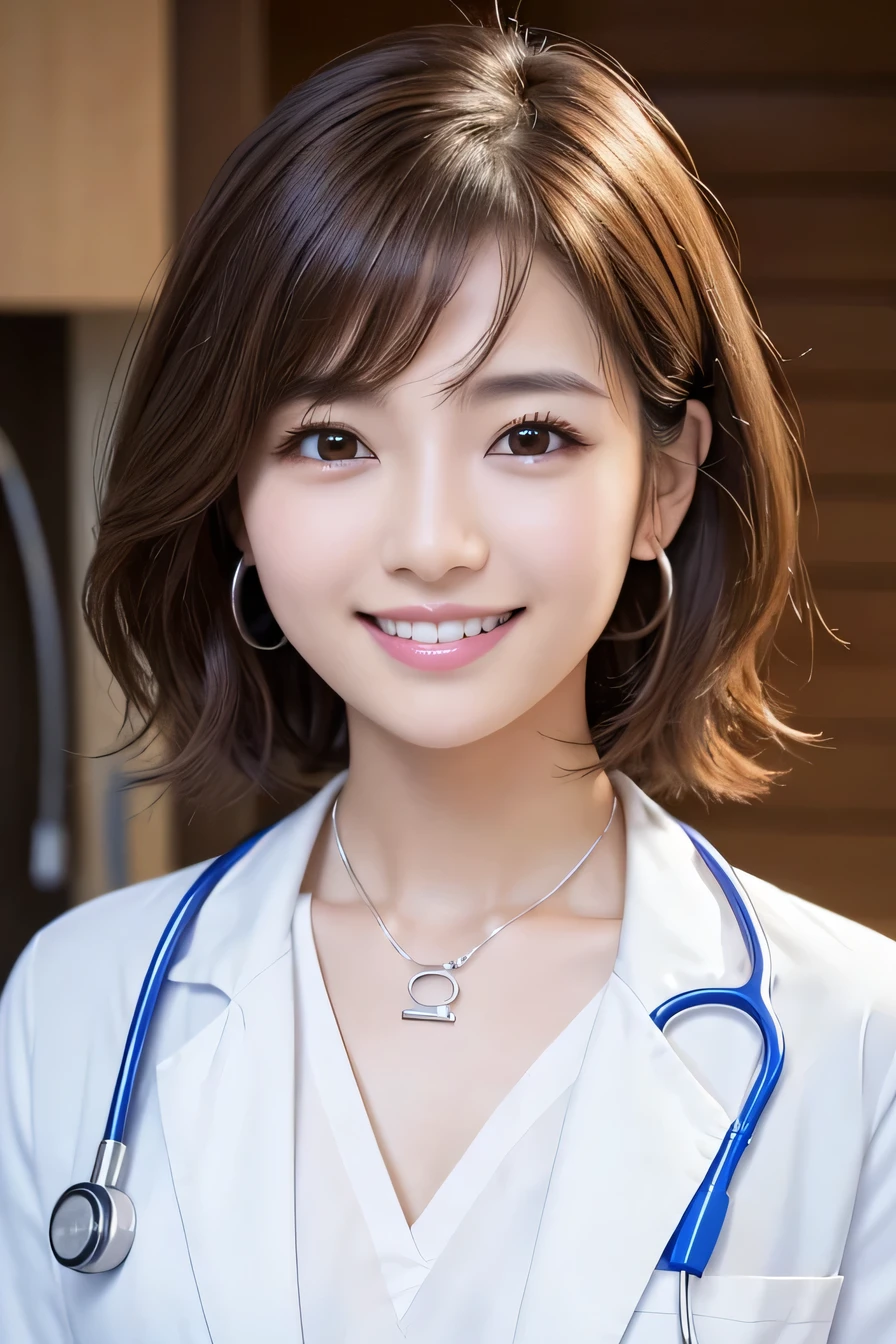 young woman、 Japanese women、Light brown hair、Necklace around the neck、White、Doctor's attire、Stethoscope、、smile、Emphasis on teeth、short hair、Wavy Hair、Intricate details, Very detailed:1.2), 、 Looking into the camera,The background is the operating room...、ear piercing