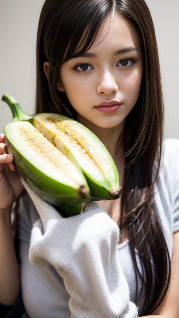 A smiling girl holding a banana, extremely detailed eyes and face, beautiful detailed eyes, beautiful detailed lips, detailed portrait, photorealistic, high resolution, 8k, best quality, masterpiece, incredible detail, soft lighting, dynamic, long hair, in the background, plain background