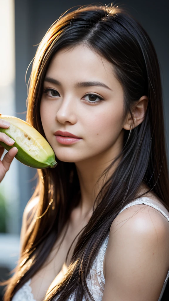 A smiling girl holding a banana, extremely detailed eyes and face, beautiful detailed eyes, beautiful detailed lips, detailed portrait, photorealistic, high resolution, 8k, best quality, masterpiece, incredible detail, soft lighting, dynamic, long hair, in the background, plain background