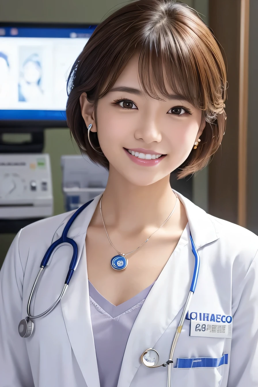 young woman、 Japanese women、Light brown hair、Necklace around the neck、White、Doctor's attire、Stethoscope、、smile、Emphasis on teeth、short hair、Wavy Hair、Intricate details, Very detailed:1.2), 、 Looking into the camera,The background is the operating room...、ear piercing
