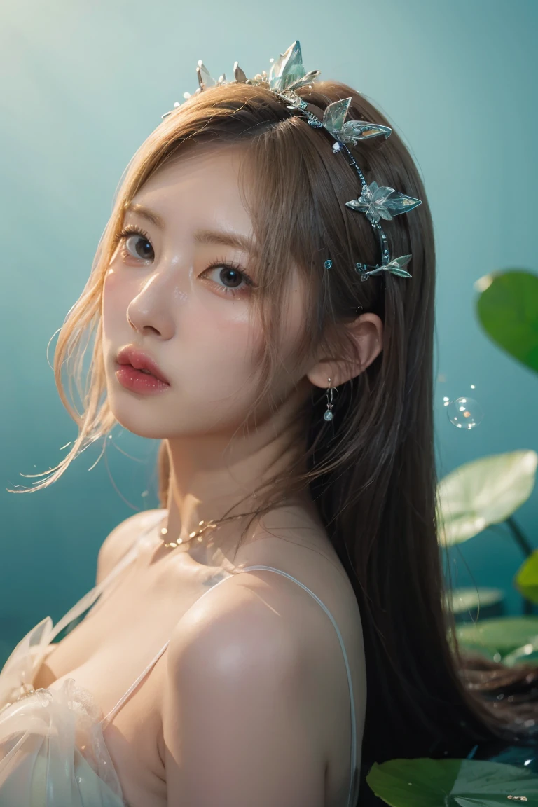 (best quality,4k,8k,highres,masterpiece:1.2),ultra-detailed,(realistic,photorealistic,photo-realistic:1.37),Kim Jisoo as Neptune Fairy,beautiful detailed eyes,beautiful detailed lips,extremely detailed eyes and face,longeyelashes,shimmering tail flowing in water,sparkling aquamarine colored wings,soft and radiant light illuminating the scene,ethereal and dreamy atmosphere,floral crown with delicate water lilies,flowing pastel-colored gown with intricate details,graceful and elegant pose,serene expression on Jisoo's face,subtle underwater scenery in the background,breathtaking underwater garden,floating bubbles adding a touch of magic,gentle waves caressing the scene,glimmering reflections dancing on the surface,soft and pastel color palette,creating a sense of tranquility and enchantment,stunning visual effects highlighting the mythical nature,neptunian energy radiating from Jisoo's presence,immersing viewers into a realm of fantasy and wonder,blending elements of mythology and beauty,transforming Jisoo into a mesmerizing Neptune Fairy.