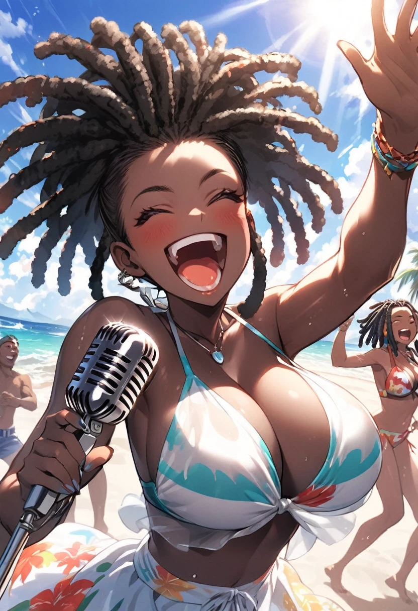 in summer beach, sunshine, 1girl, (ebony skin:1.4), black people, (dreadlocks:1.2), big smile, (large breasts:1.2), singing,
