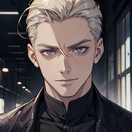 Male, glaring, manly, smiling, psycho, pale blonde, dangerous, gray eyes, hair slicked back