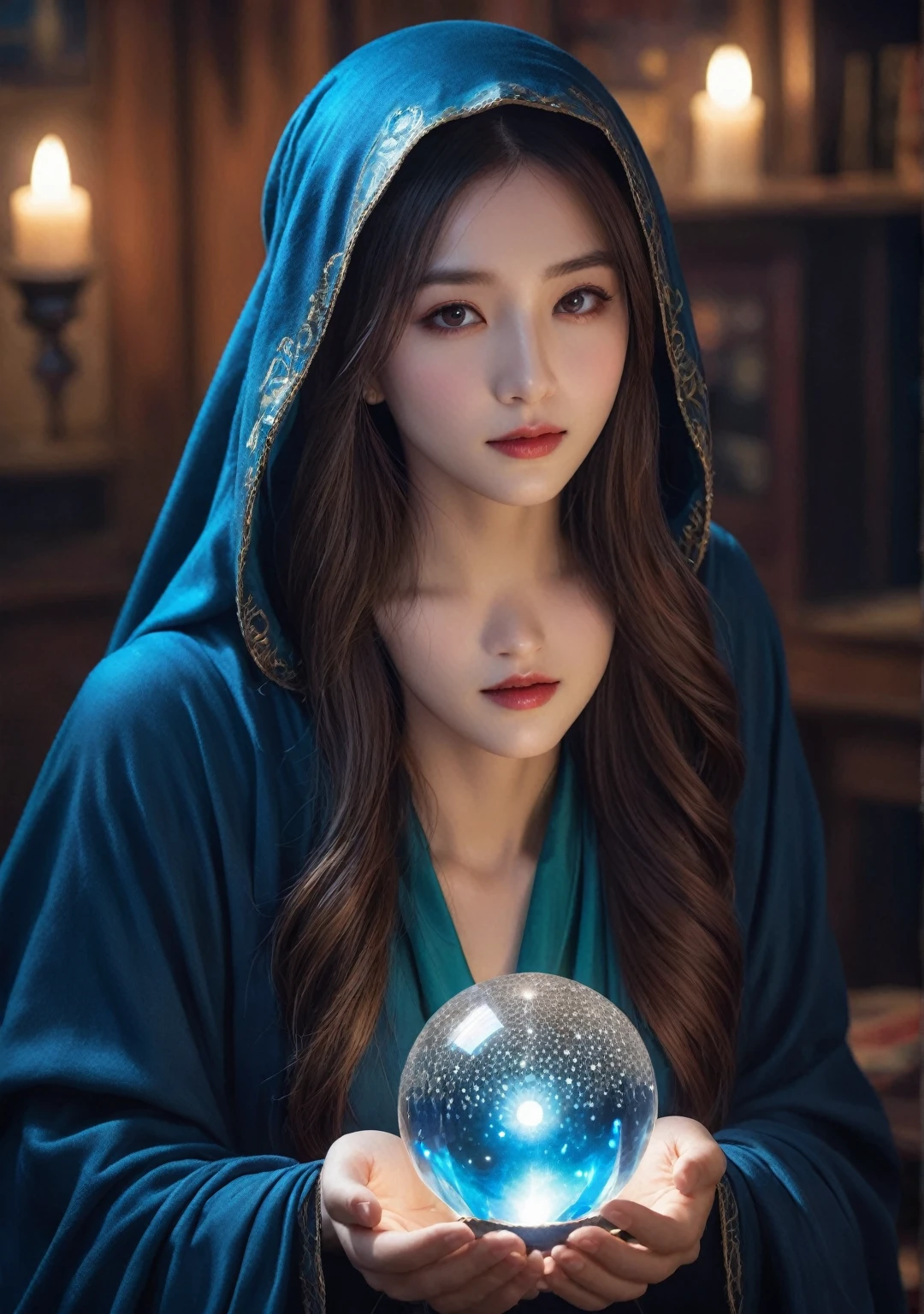 Female fortune teller. Charming, beautiful, and mysterious. She wears a blue cloak and has distinct features. front. The atmosphere is bright and sparkling, full of anxiety and anticipation. A fortune teller is standing there. The body is facing forward. he is looking at you He has a crystal ball in his hand. There are five fingers on the right hand. The interior of the store is brightly lit and creates a magical atmosphere. Best picture quality, 4k or 8k resolution. The level of detail is very detailed and realistic, close to photorealism. Artistic style should reflect an official aesthetic with bright colors and strong contrasts. The color palette should emphasize the mystical and mystical theme of the work. The fortune teller's cloak has a metal edging with a thickness ratio of 1.5 and a detailed design. The overall atmosphere is magical, like a starry sky. The fortune teller's expression arouses mystical interest. Please take a photo from the front.