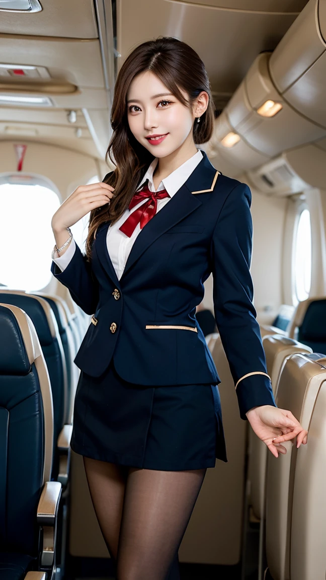 ​highest quality、table top、8k、best image quality、Award-winning work)、one beautiful woman、radiant beautiful skin , masterpiece、top-quality、The ultra -The high-definition、depth of fields、lens flare 1 girl、、brown hair、ponytail, watching at  viewers glares, large breasts , stewardess uniform, ( stewardess blazer:1.2),   short skirt, (black ysl high heels), perfect legs, model pose,  view from below, smiling , flight cabin, pantyhose 