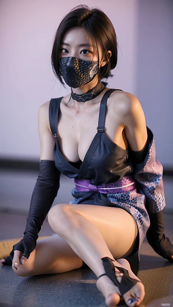 Female ninja wearing short kimono wearing fishnet with bare feet and toes exposed with boob cleavage showing off her sexy feet