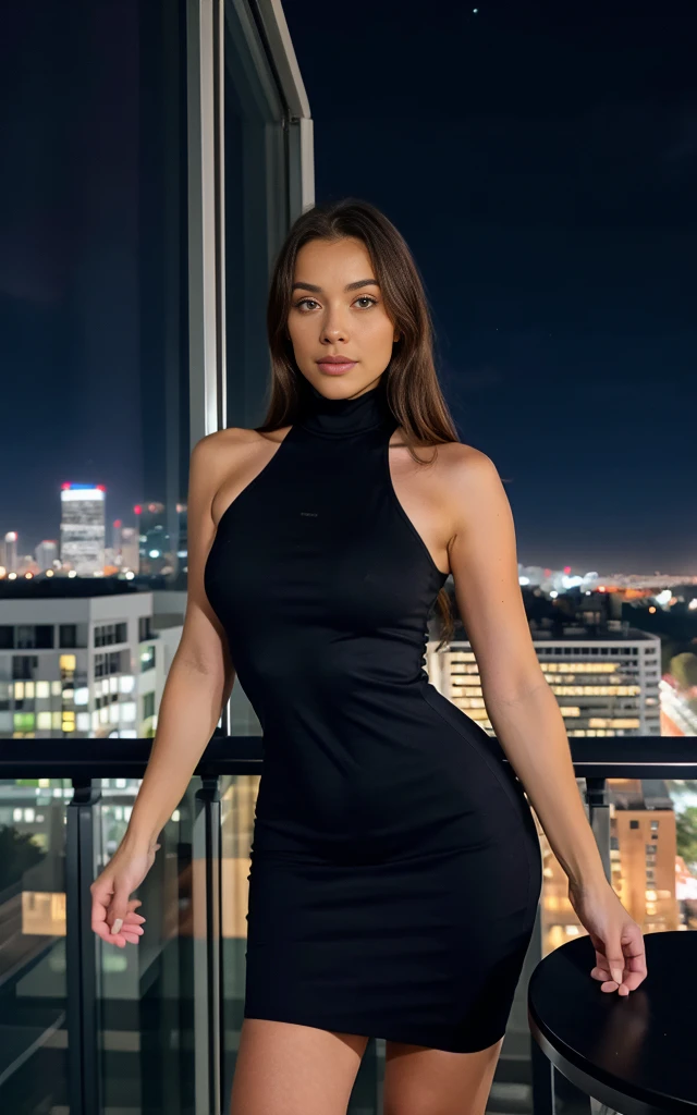 mndngwmn, looking at viewer, wearing a sleeveless turtleneck bodycon dress, on a balcony at night with city on background, (ultra realistic, 8k,high quality)