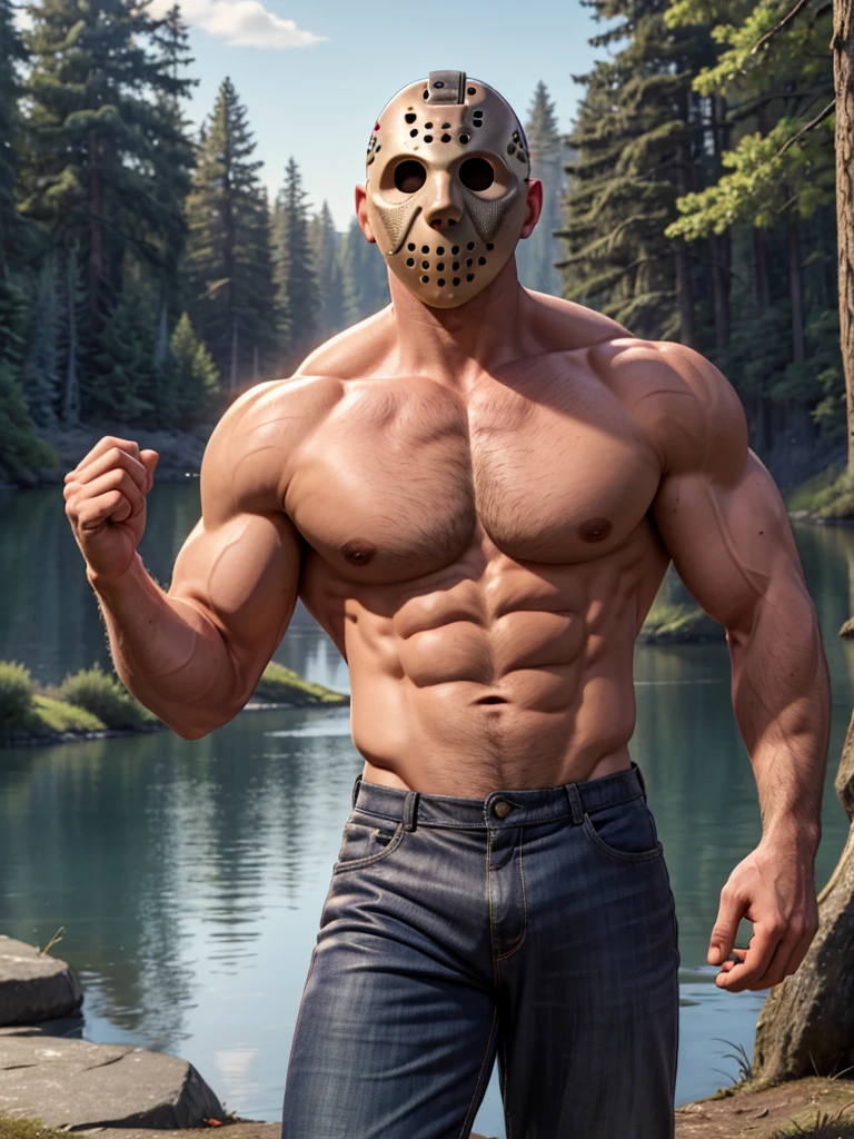 (masterpiece, 4K, ultra detailed), Jason Voorhees, single, masculine, light skin, jason's white hockey mask, bald, sexy, muscular, forest, lake, sunny, smooth lining, smooth shading, none accessories, shirtless, eight-pack, red underwear, cartoony