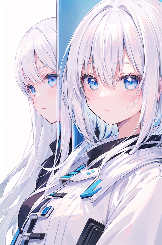 a close up of a woman with white hair and blue eyes, white haired, perfect white haired girl, girl with short white hair, girl with white hair, white-haired, tall anime guy with blue eyes, female anime character, white haired lady, white haired deity, male anime character, silver haired, anime character, hajime yatate
