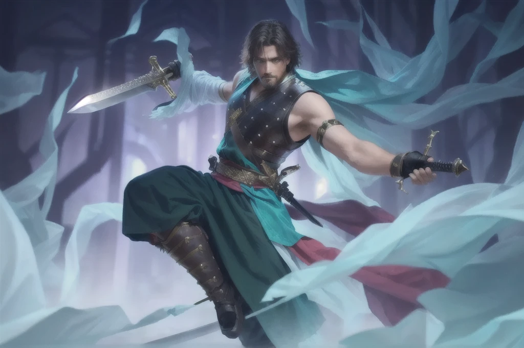 a man with a sword in his hand and a sword in his hand, realistic