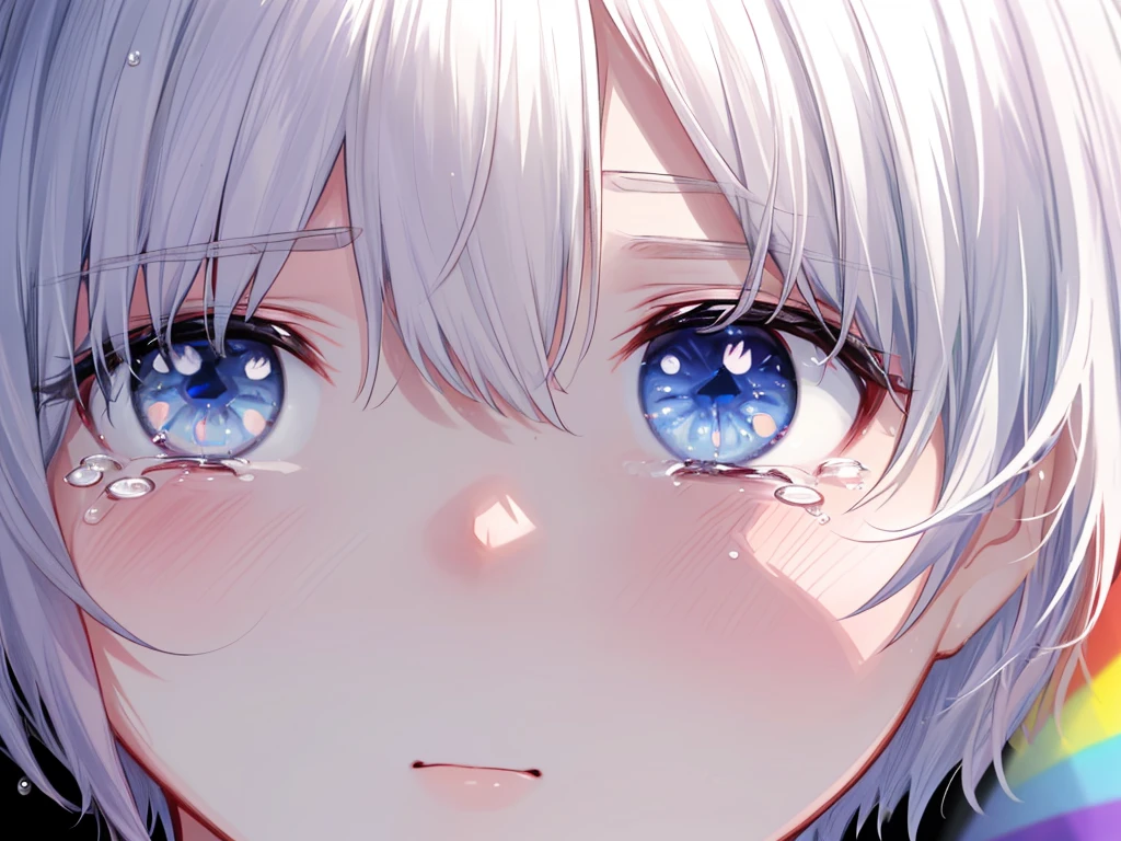 (((Extreme close-up　tears　Face of despair)))　((輝くtears　Rainbow Eyes　Short Hair　Receiving the light　Rainbow light))　(Shining Edge)