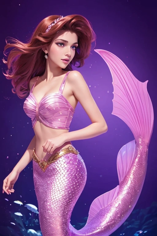 mermaid, underwater, long mermaid tail below waistline, pink fish scales on skin, brunette Megara wearing purple greek dress, face focus, beautiful portait, detailed face expression, best quality, official art, on night light background romantice, shinning eyes, disney animation style, best quality, digital art, 2D