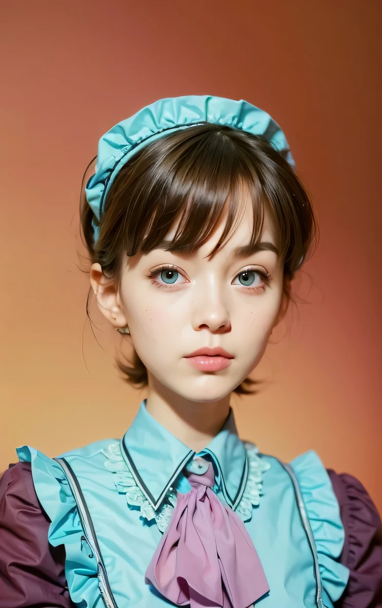 girl, short brown hair, blue eyes, Maid outfit, beautiful